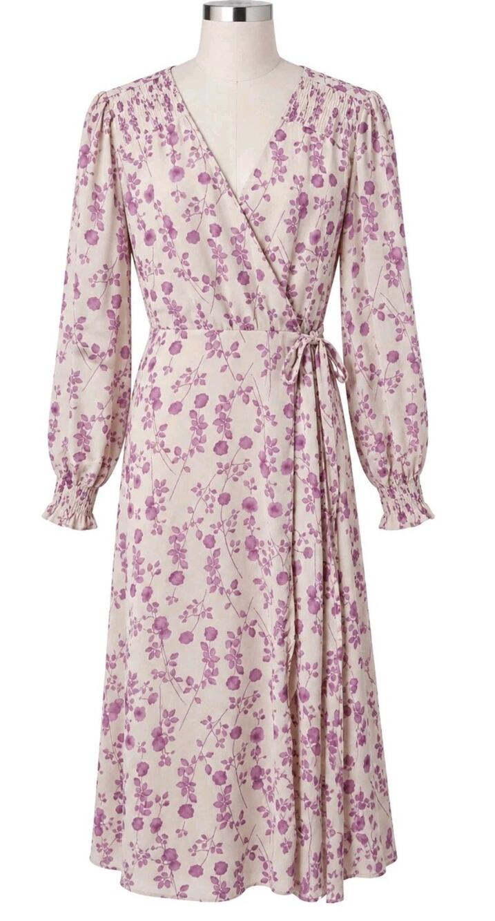 Bishop Young Camila Floral Wrap Midi Dress M Cream Pink Long Sleeve Romantic New